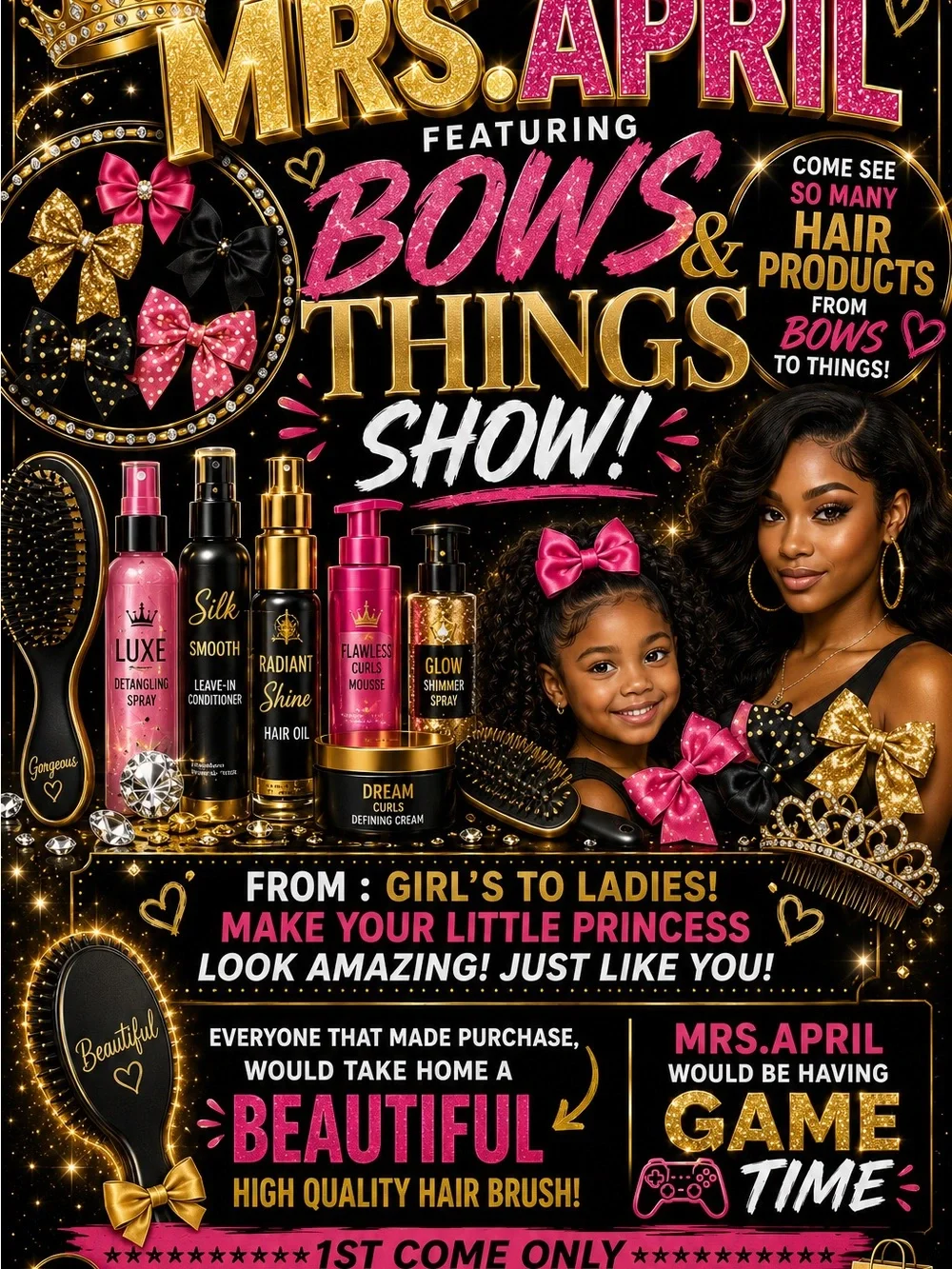 Mrs. April Bows & Things Show Hair Care Poster - Pink & Gold - Picture 1 of 1